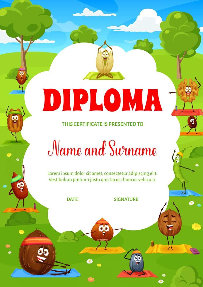 Kids diploma cartoon nuts on yoga fitness sport vector
