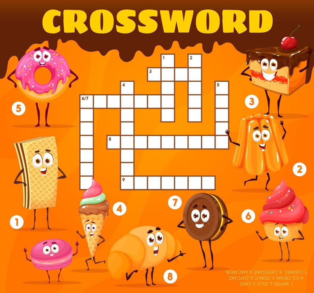 Crossword grid, cartoon bakery sweets and desserts vector