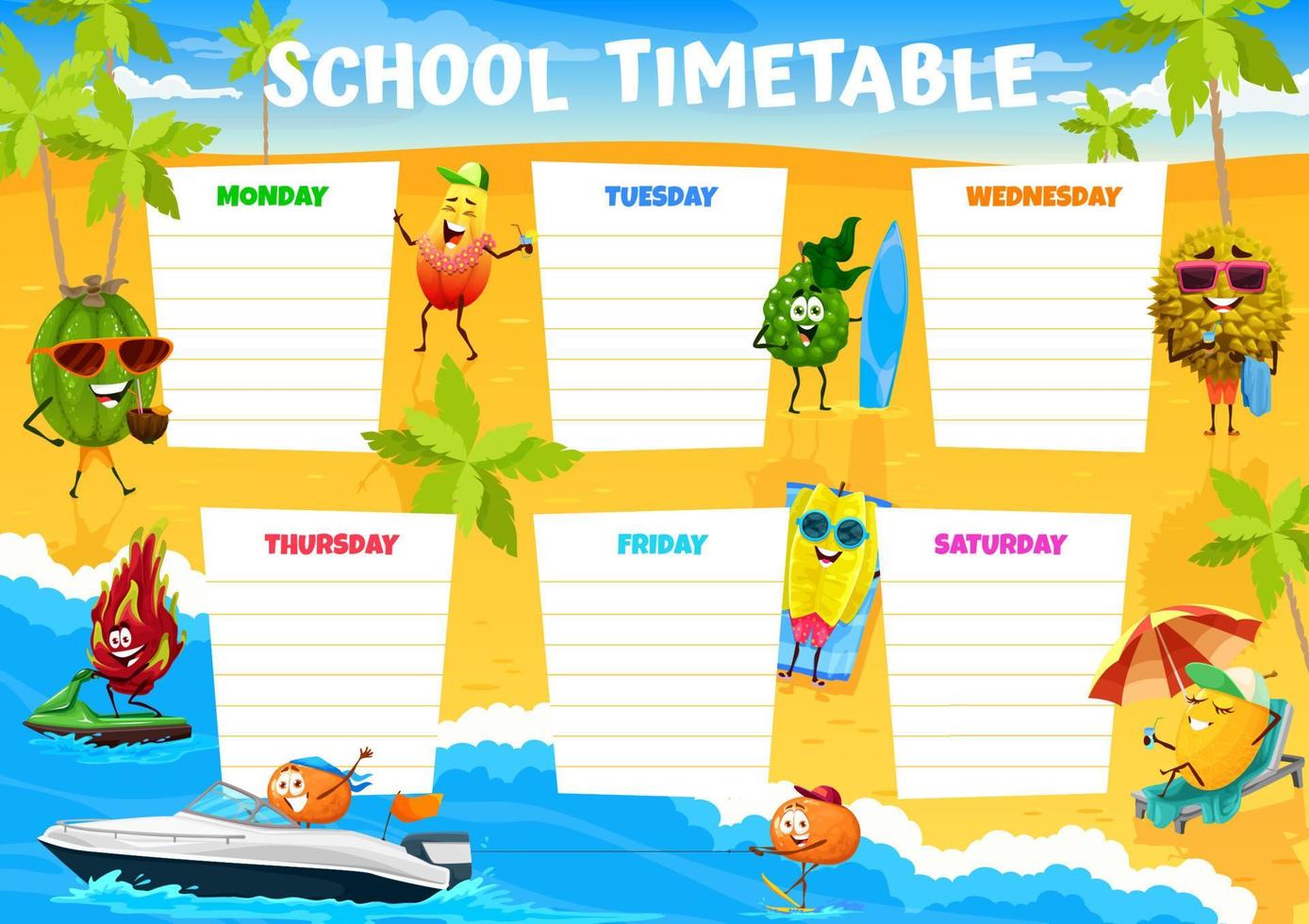 Education timetable cartoon fruits on summer beach vector