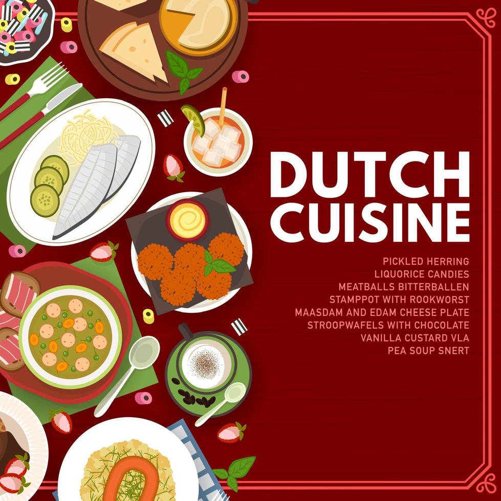 Dutch cuisine menu cover, Netherlands dishes meals vector