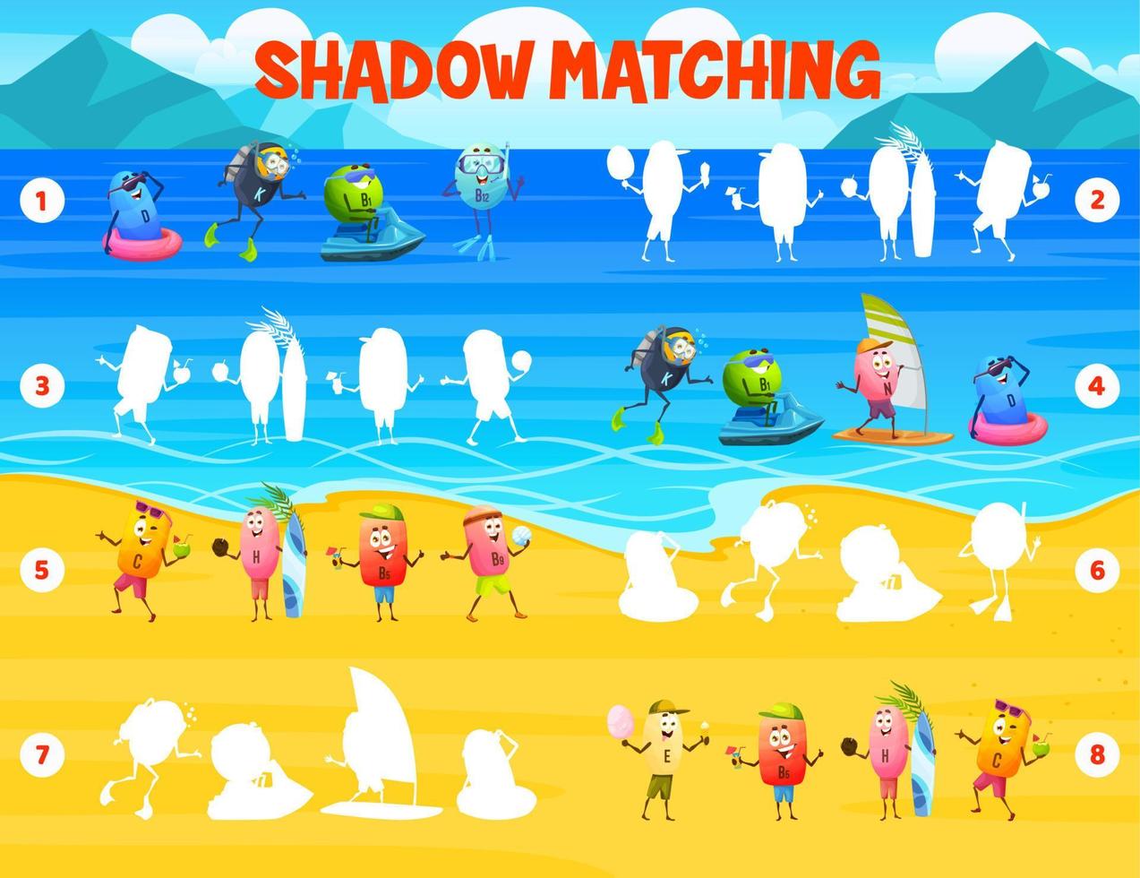 Shadow matching game, cartoon vitamin on beach vector