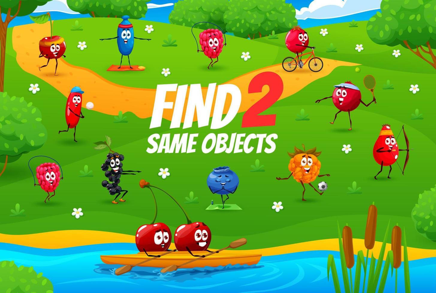 Find two same objects game with berry characters vector