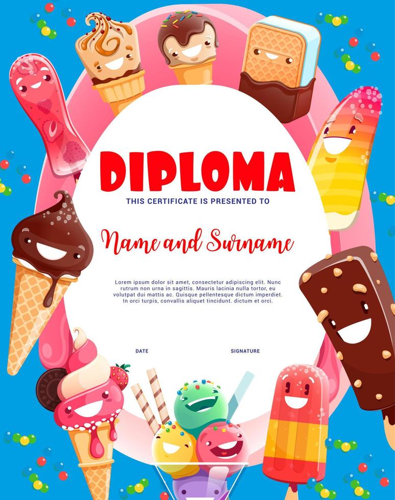 Kids diploma, cartoon ice cream dessert characters vector