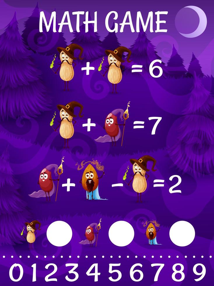Cartoon nut and bean wizard characters, math game vector
