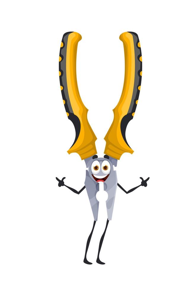 Cartoon pliers, DIY construction tool character vector