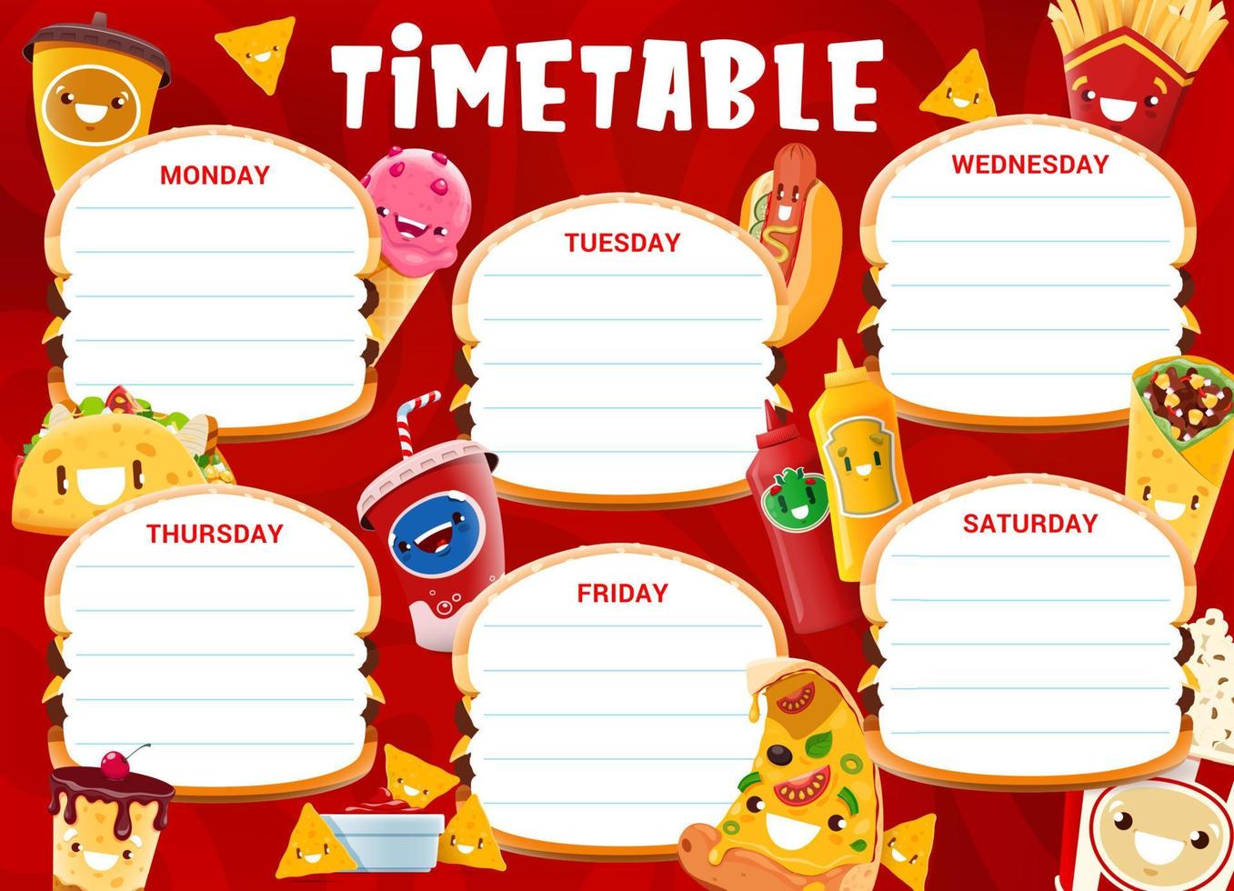 School timetable schedule plan, cartoon fast food vector