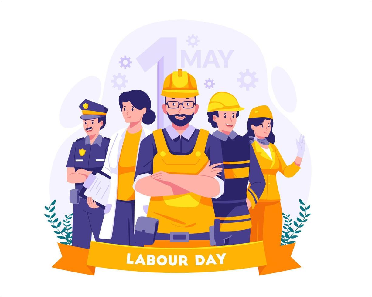 Labour Day On 1st May. A Group of Different kinds of workers. A Construction worker, Policeman, Fireman, and Female worker. Vector Illustration