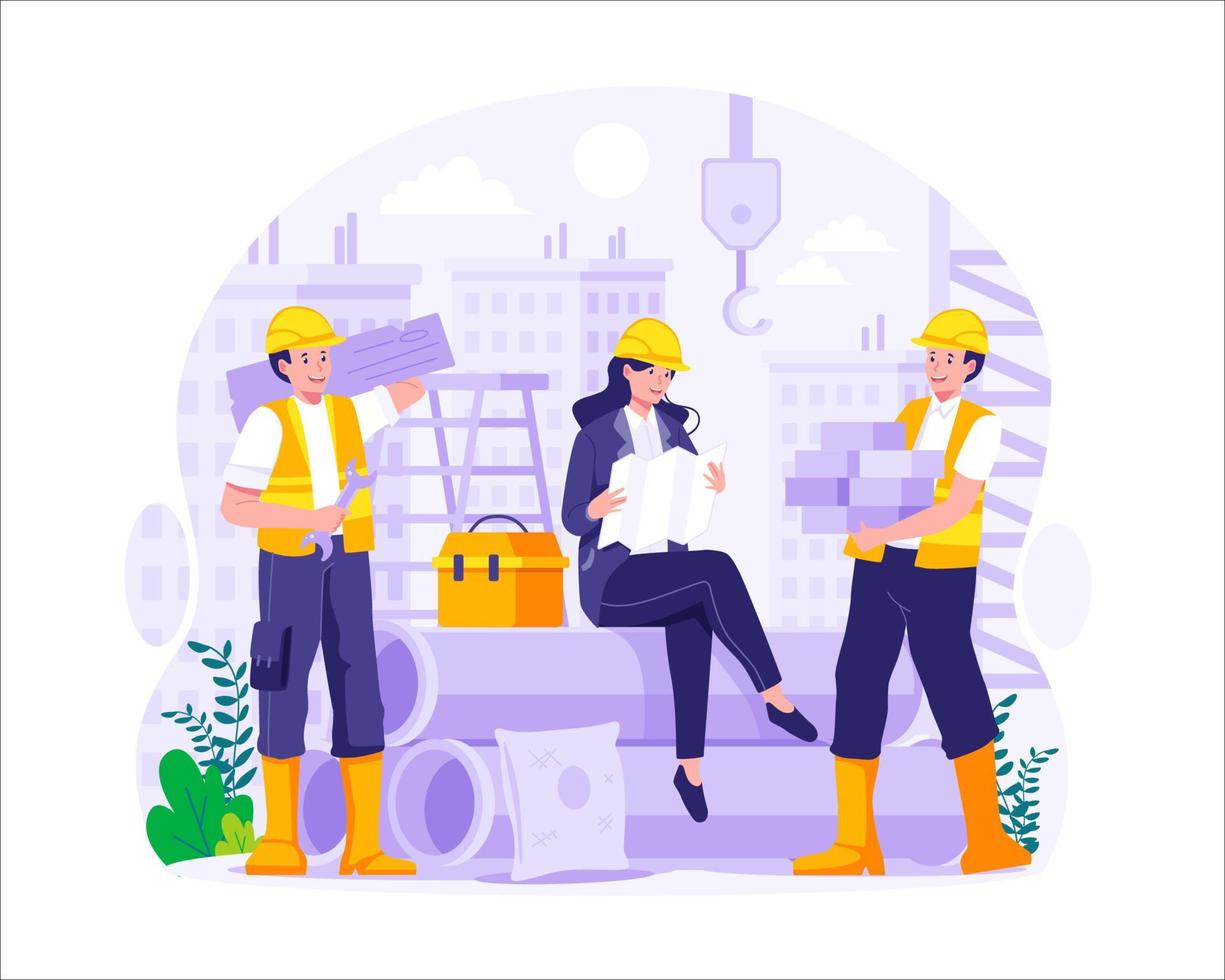 Labour Day. Construction workers are working on buildings. Vector Illustration