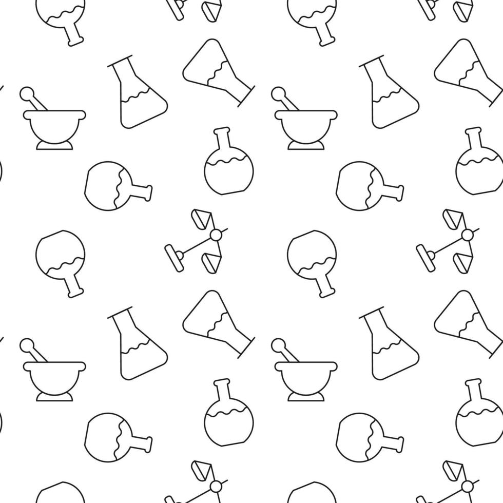 Seamless vector repeating pattern of laboratory bulb, scales, mortar and pestle. It can be used for web sites, apps, clothes, covers, banners etc