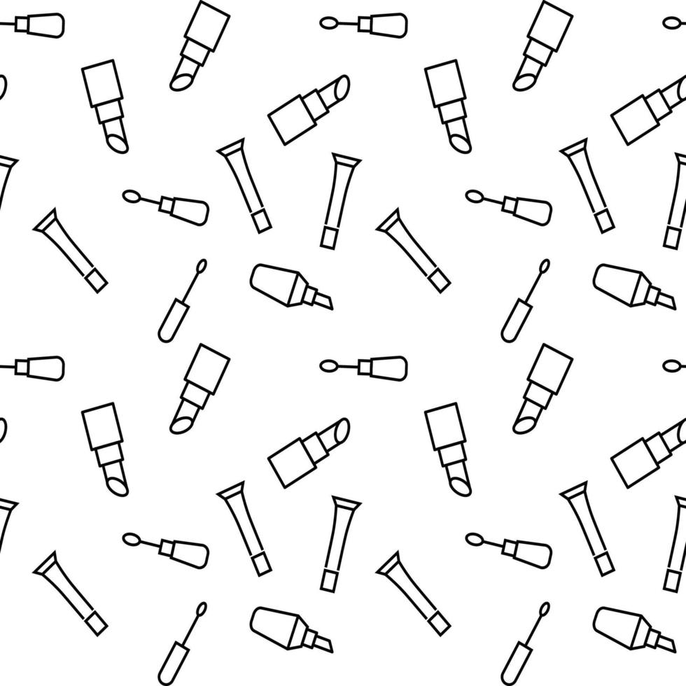 Seamless vector repeating pattern of lip stick, lip tint, lip gloss is made of line icons for polygraphy and websites