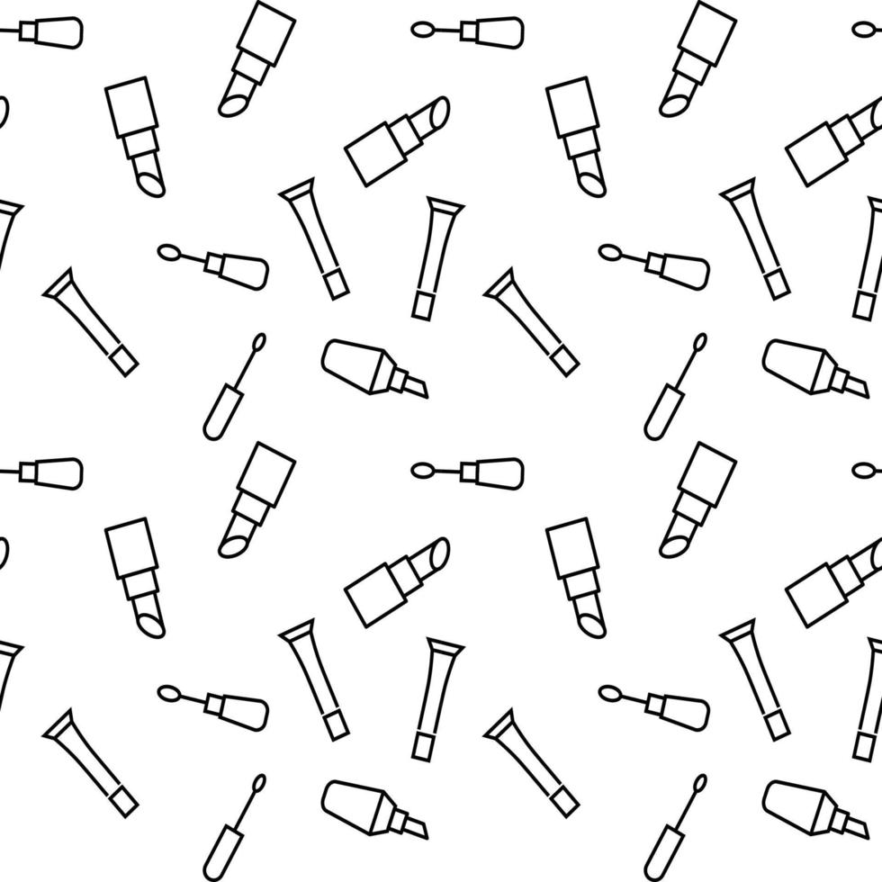 Seamless vector repeating pattern of lip stick, lip tint, lip gloss is made of line icons for polygraphy and websites