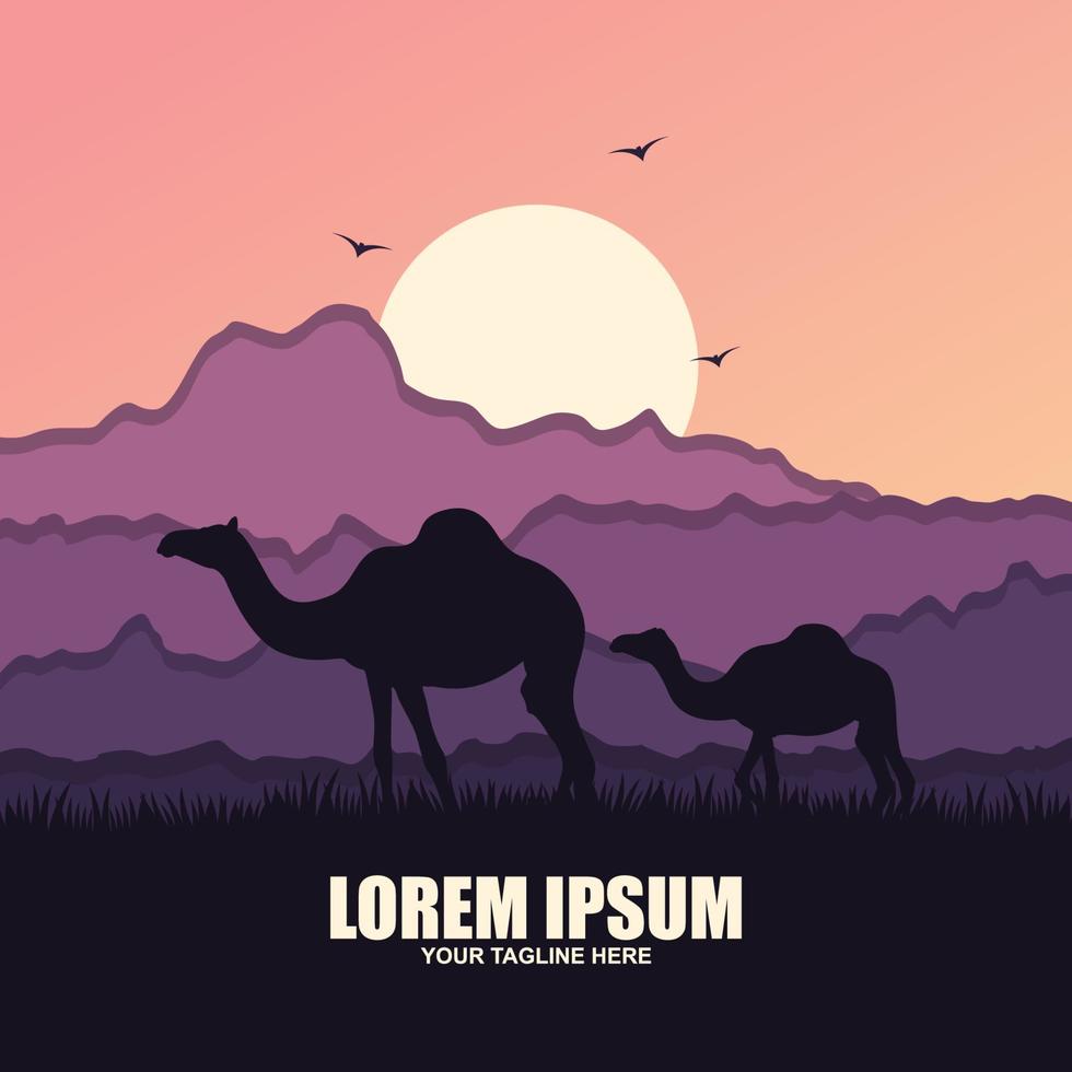 Camel riding designed on sunset background graphic vector