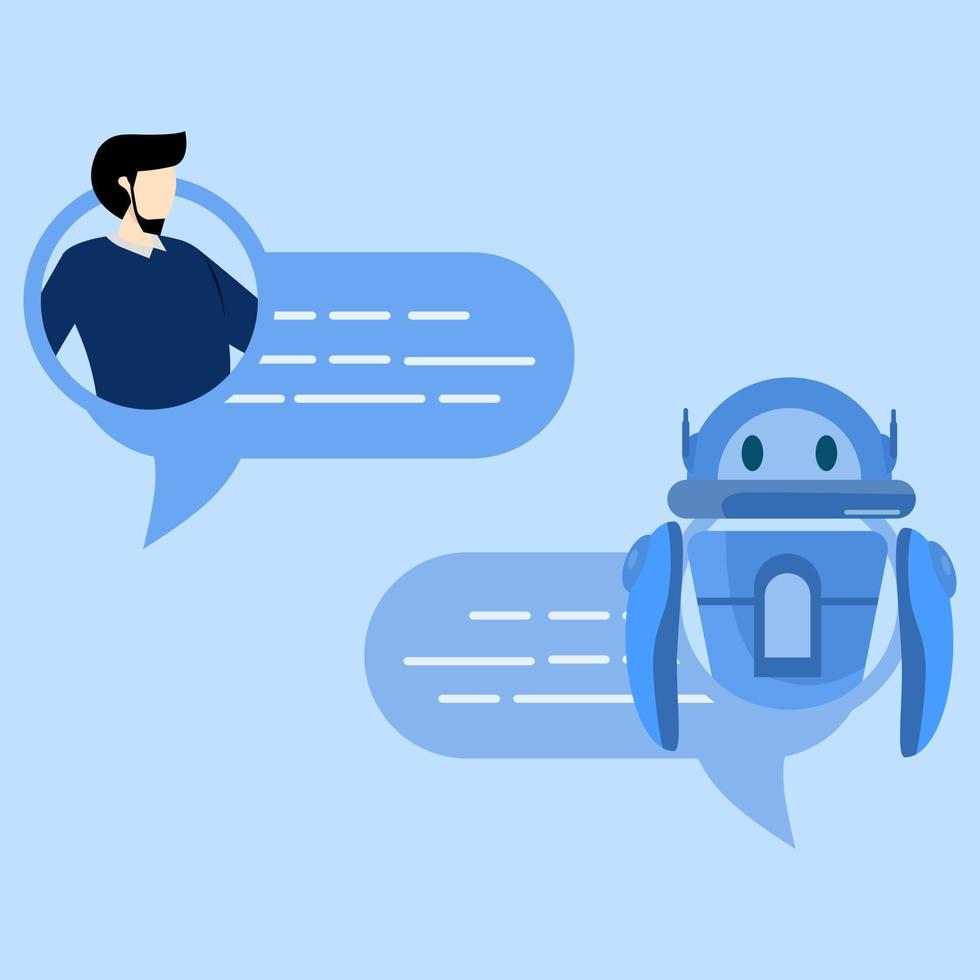 chatbot and customer service concept. man talking to chatbot on big smartphone screen. Chat bot virtual assistant via messaging. customer support. Vector isolated illustration