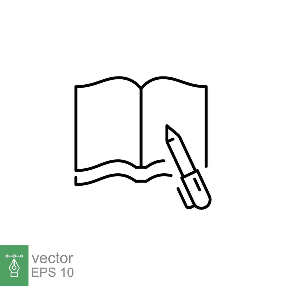 abierto libro con bolígrafo línea icono. libro escribiendo, oficina, escuela, negocio y educación concepto. sencillo contorno estilo. vector ilustración aislado en blanco antecedentes. eps 10