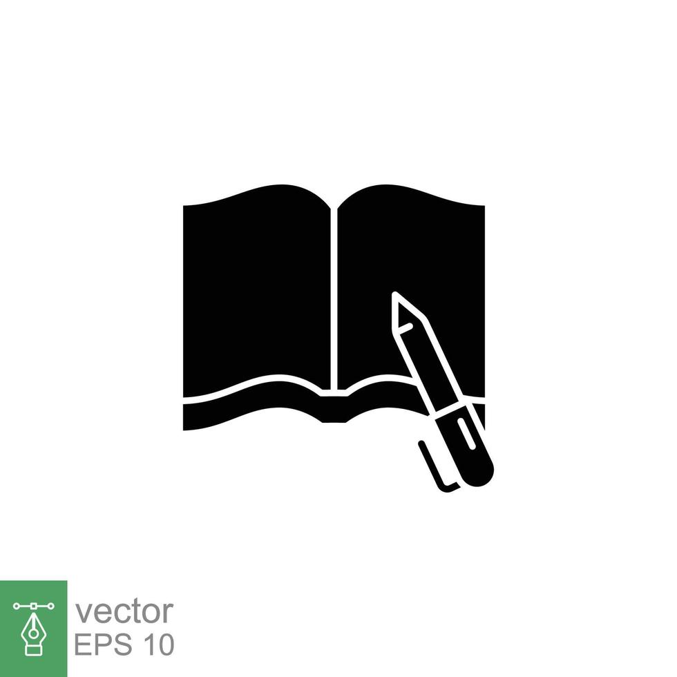 Open book with pen icon. Book writing, office, school, business and education concept. Simple solid style. Silhouette, glyph symbol. Vector illustration isolated on white background. EPS 10.