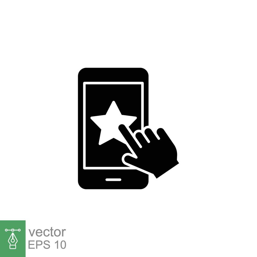 Hand click star on phone icon. Customer feedback and rating, like, favourite concept. Simple solid style. Black silhouette, glyph symbol. Vector illustration isolated on white background. EPS 10.