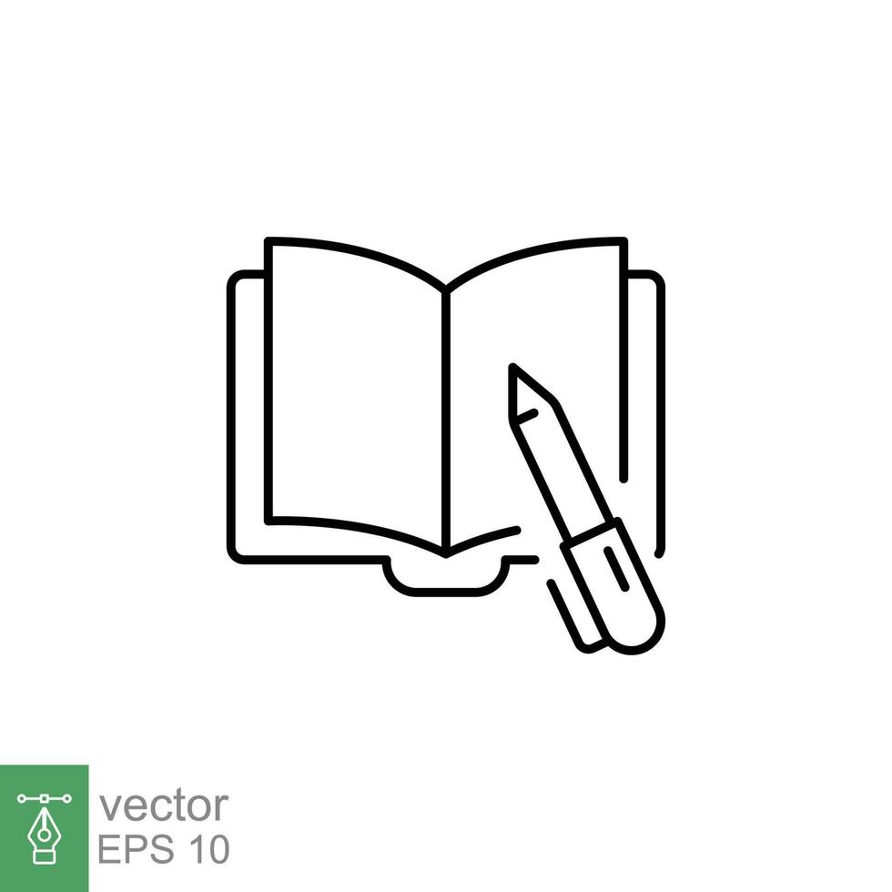 abierto libro con bolígrafo línea icono. libro escribiendo, oficina, escuela, negocio y educación concepto. sencillo contorno estilo. vector ilustración aislado en blanco antecedentes. eps 10