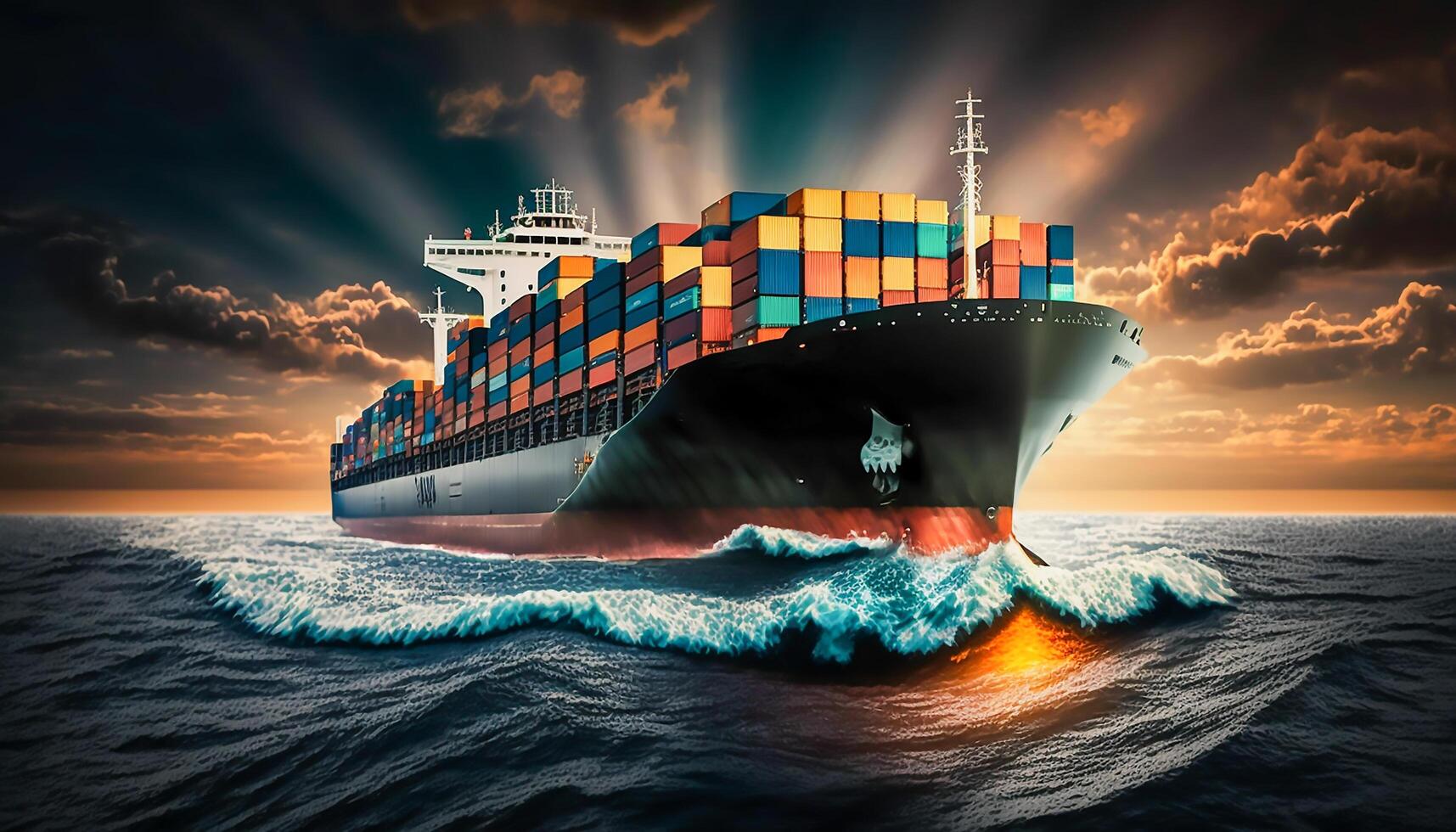 envase Embarcacion en océano, negocio logístico importar - exportar transporte frente ver en atardecer, generativo ai foto