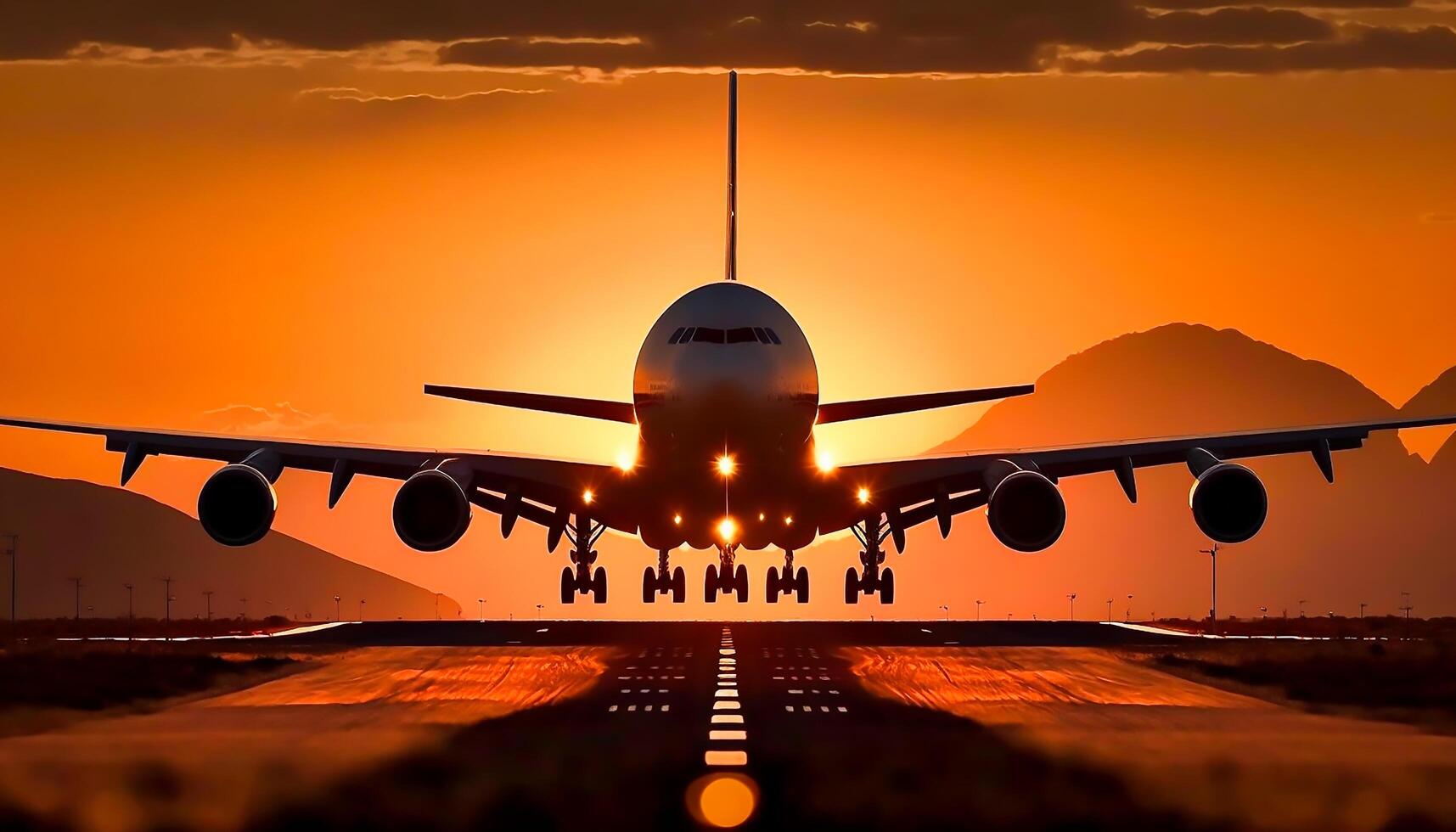 landing plane from front view in sunset, photo