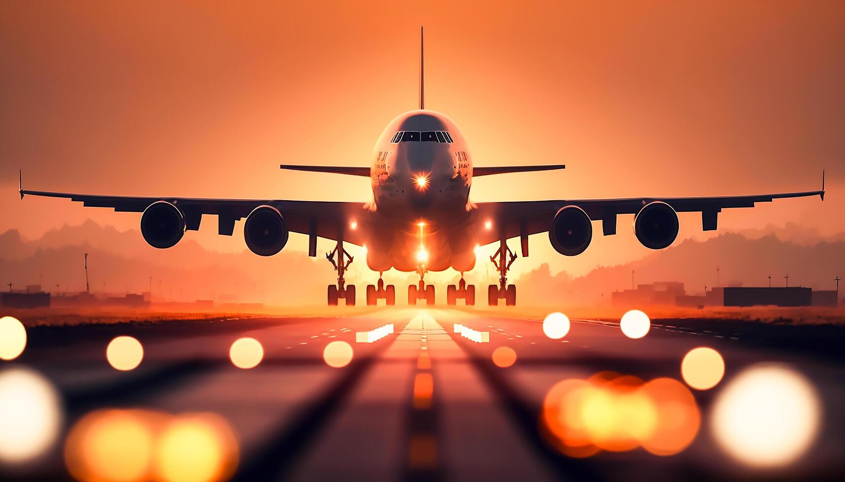 landing plane from front view at night with bokeh of light, photo