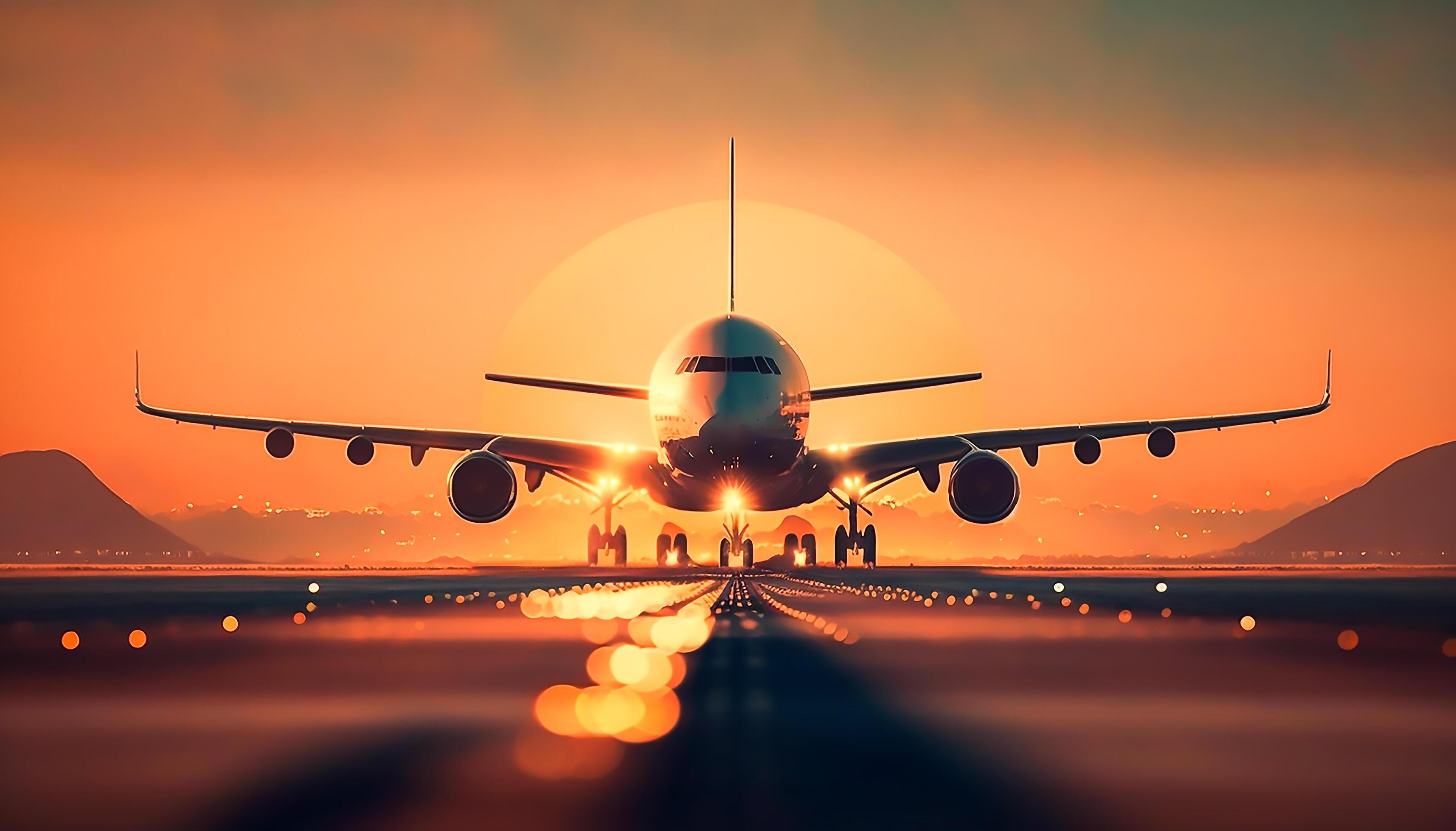 landing plane from front view in sunset 21868999 Stock Photo at Vecteezy