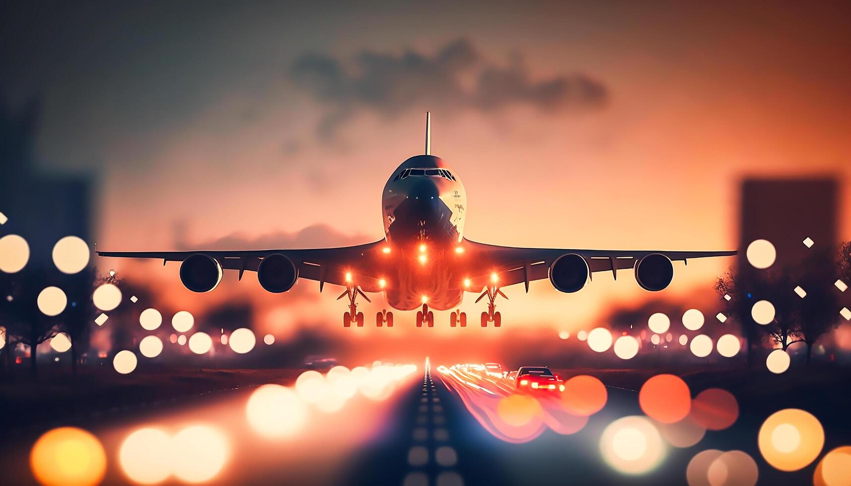 landing plane from front view at night with bokeh of light, Generative
