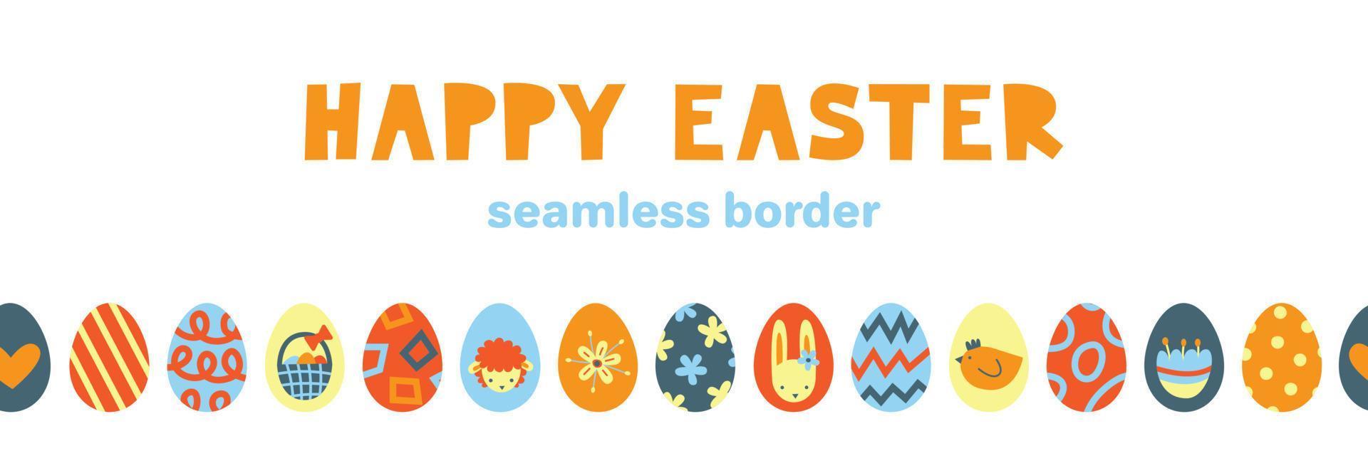 Easter seamless border. Springtime holiday eggs. Bunny, lamb, flowers, basket. Modern abstract graphic vector flat.