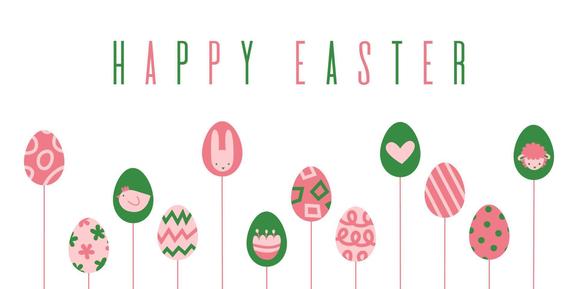 Happy Easter banner with eggs on sticks and holiday symbols in green pink. Abstract modern graphic vector flat illustration.