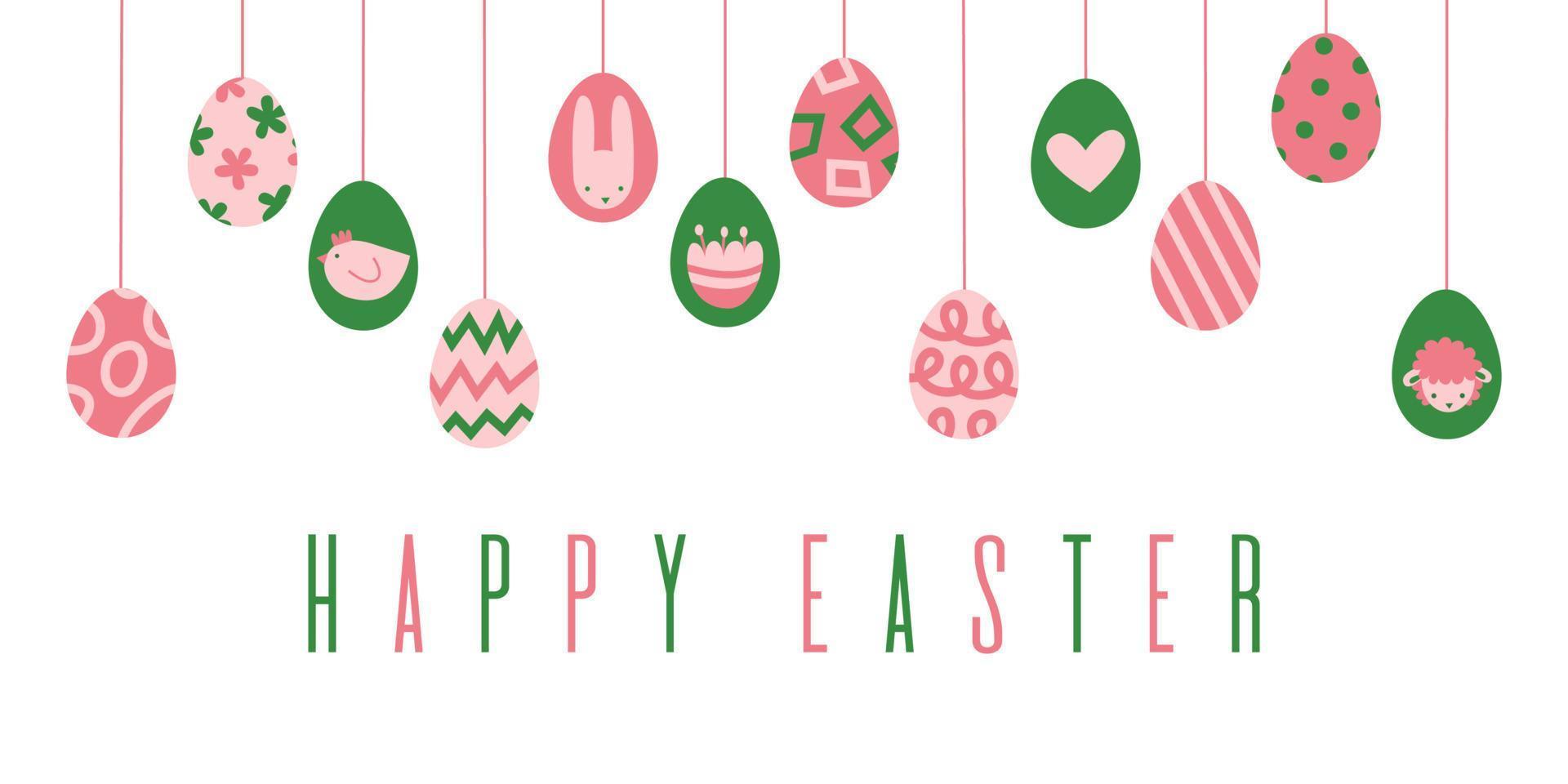 Happy Easter banner with hanging eggs and holiday symbols in green pink. Abstract modern graphic vector flat illustration.