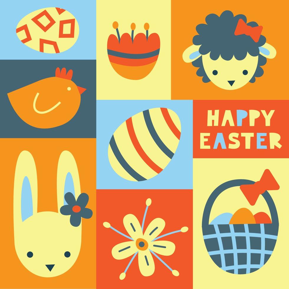 Easter symbols set poster. Springtime holiday objects colorful collection in retro style. Bunny, eggs, lamb, chicken, hunt basket, flowers vector abstract graphic modern flat illustration.