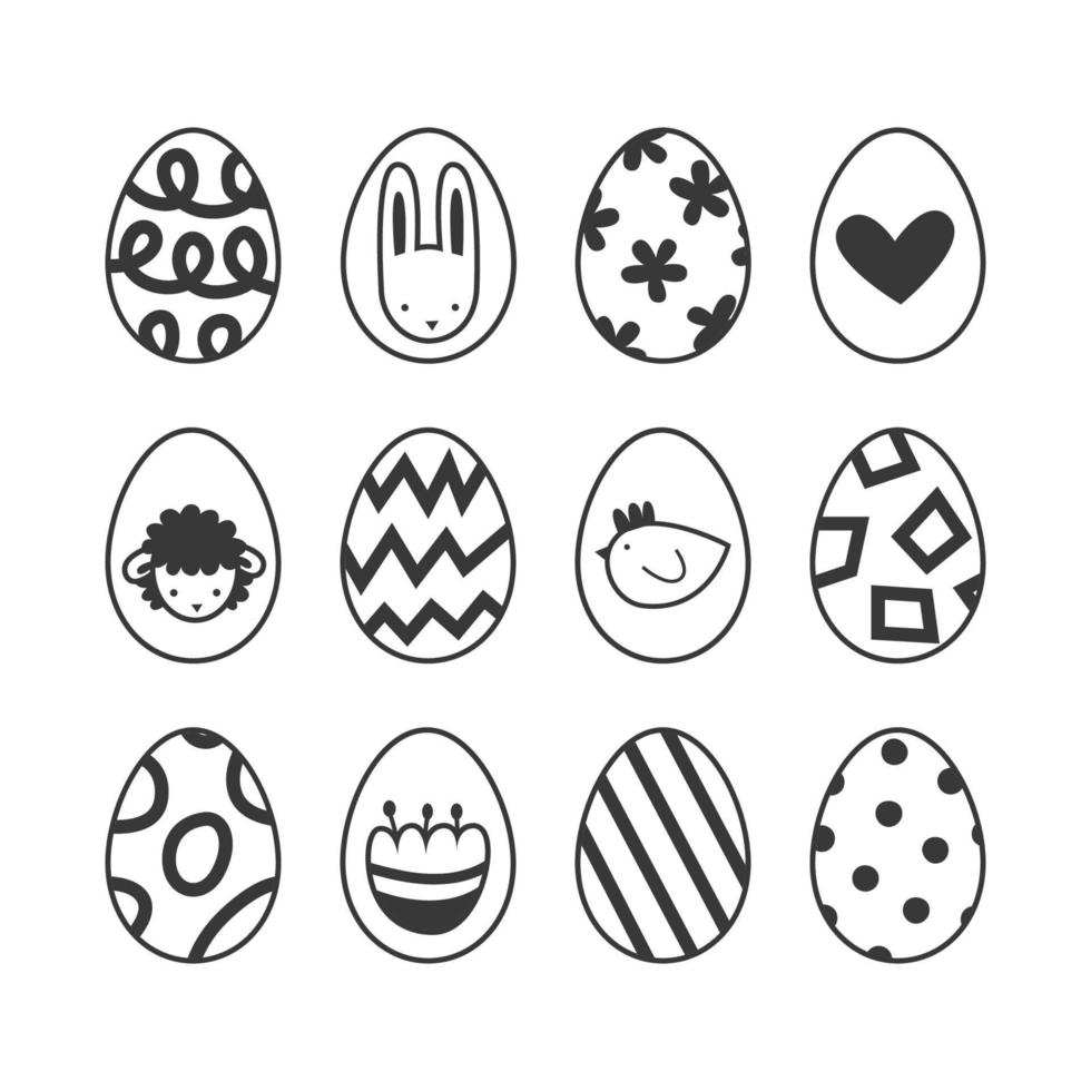 Easter eggs set with decoration and ornament. Springtime holiday symbols black and white collection. Bunny, eggs, lamb, chicken, hunt basket, flowers abstract graphic modern flat. vector