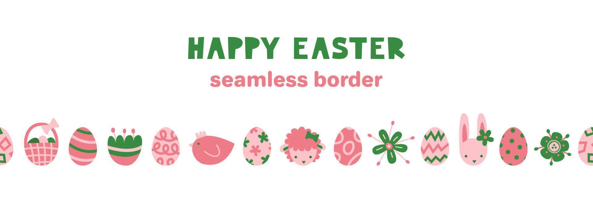 Easter seamless border. Springtime holiday objects. Bunny, lamb, flowers. egg hunt basket. Modern abstract graphic vector flat.