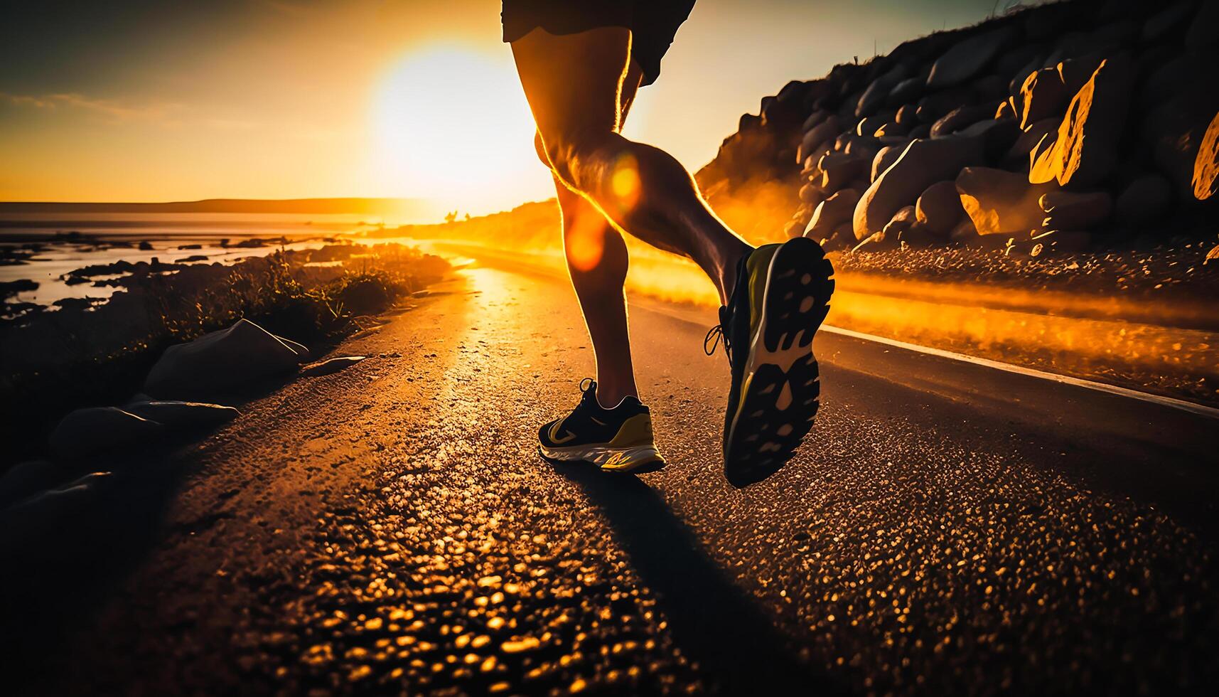 close up legs runner running on road sunrise seaside trail, photo