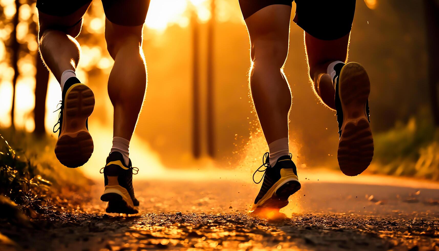 cerca arriba piernas corredor grupo corriendo en amanecer en parque, ai generativo foto