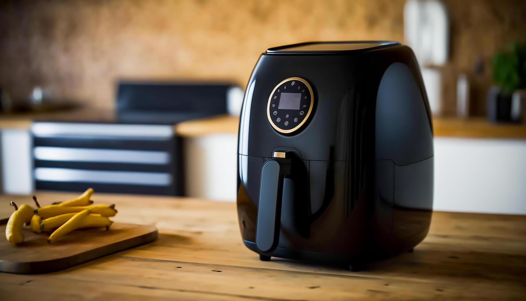 Black air fryer or oil free fryer appliance on the wooden table in the modern kitchen, photo