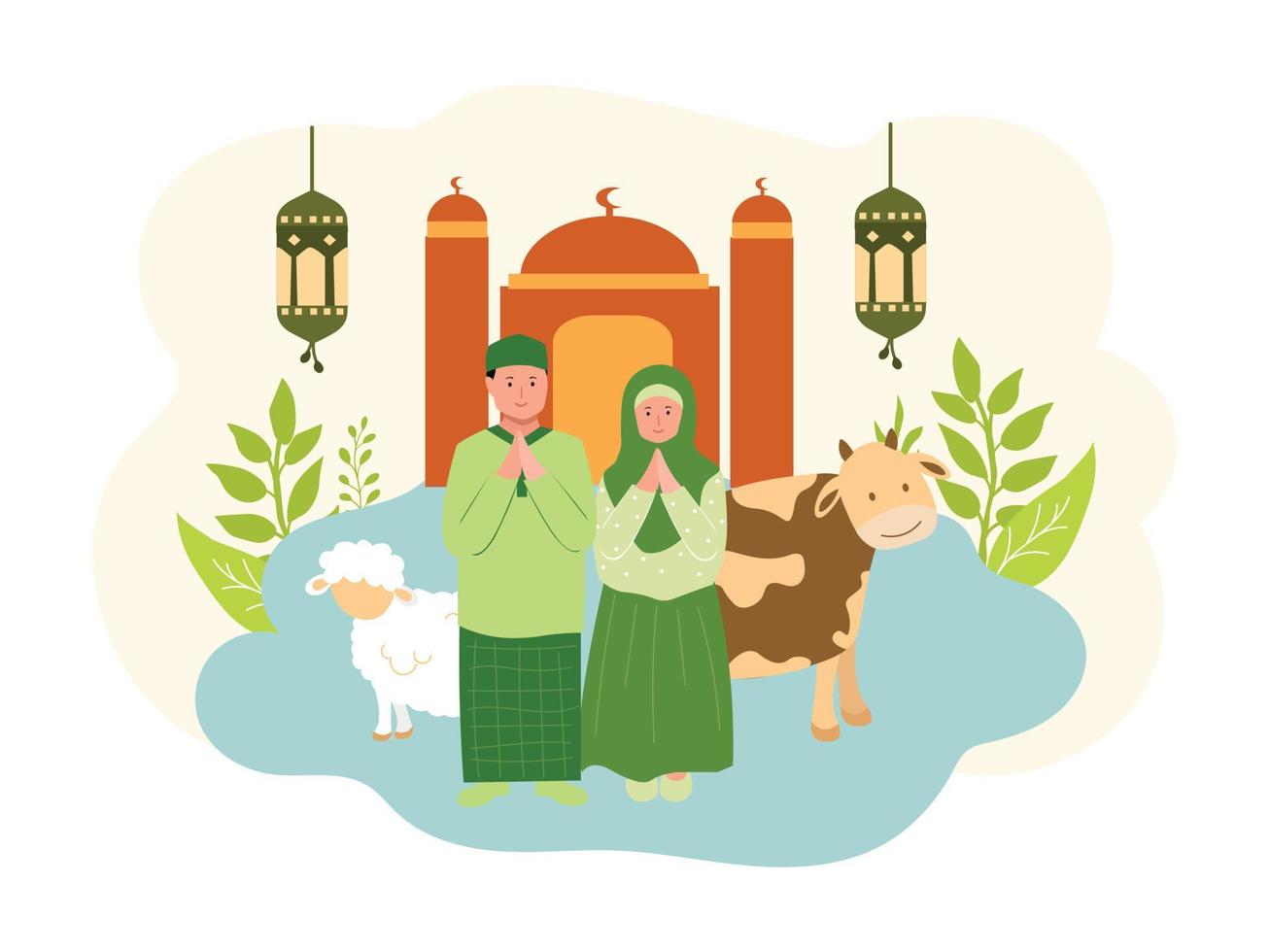 Vector Design Celebration Ramadan and Eid Mubarak Family, Praying and Giving Cartoon Character Illustration Concept