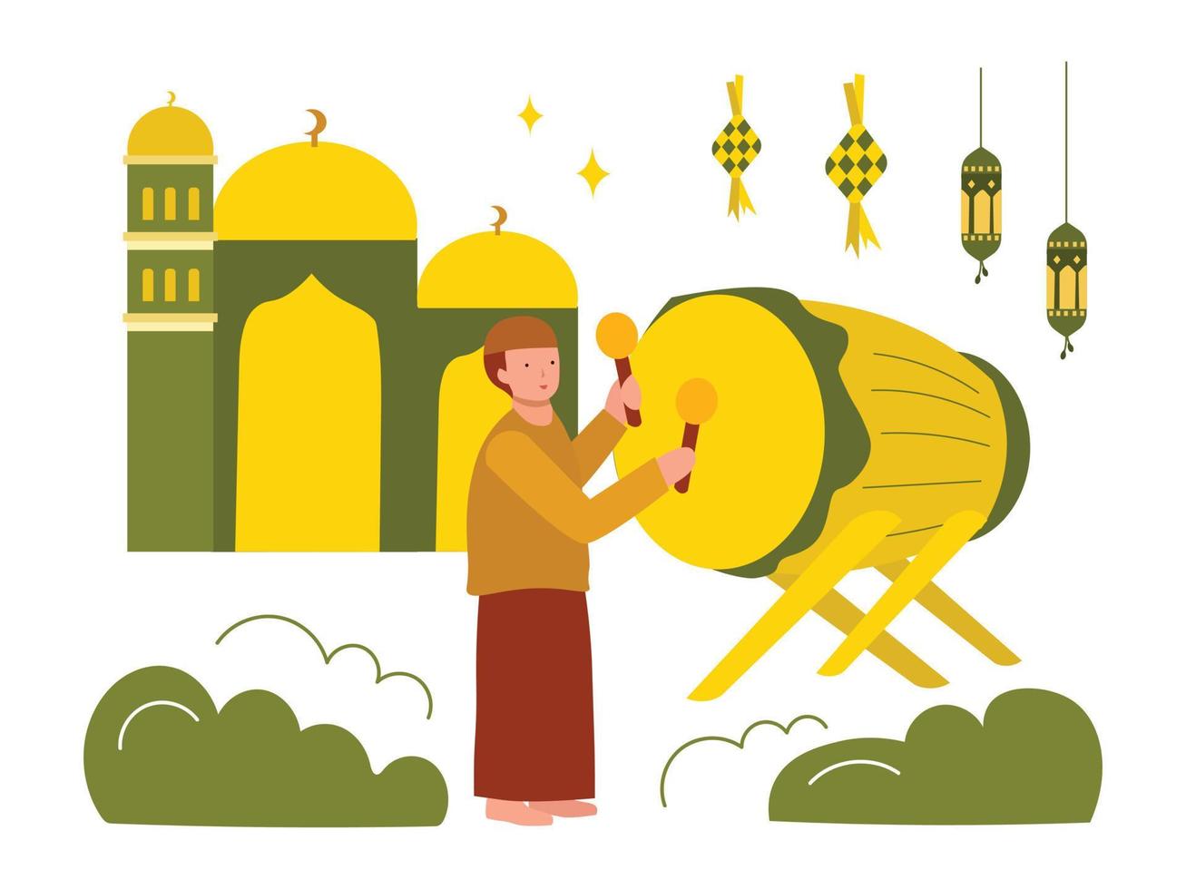 Vector Design Celebration Ramadan and Eid Mubarak Family, Praying and Giving Cartoon Character Illustration Concept