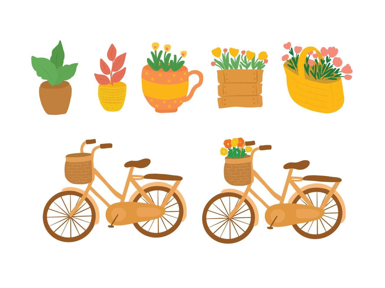 vector hand-drawn gardening and bicycle elements illustration