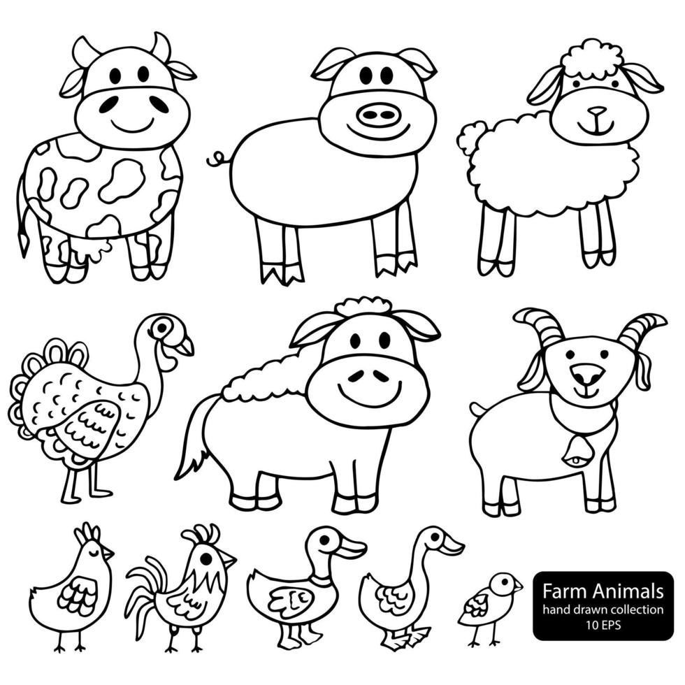 Vector Illustration of Cartoon Animals farm set - Coloring book