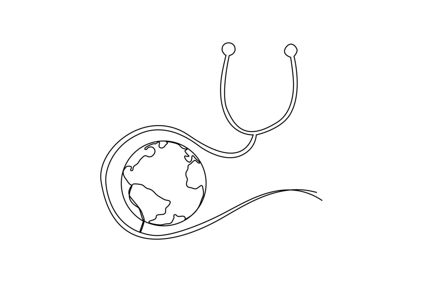 Single one-line drawing a world surrounded by stethoscope string. World health day concept. Continuous line drawing design graphic vector illustration.