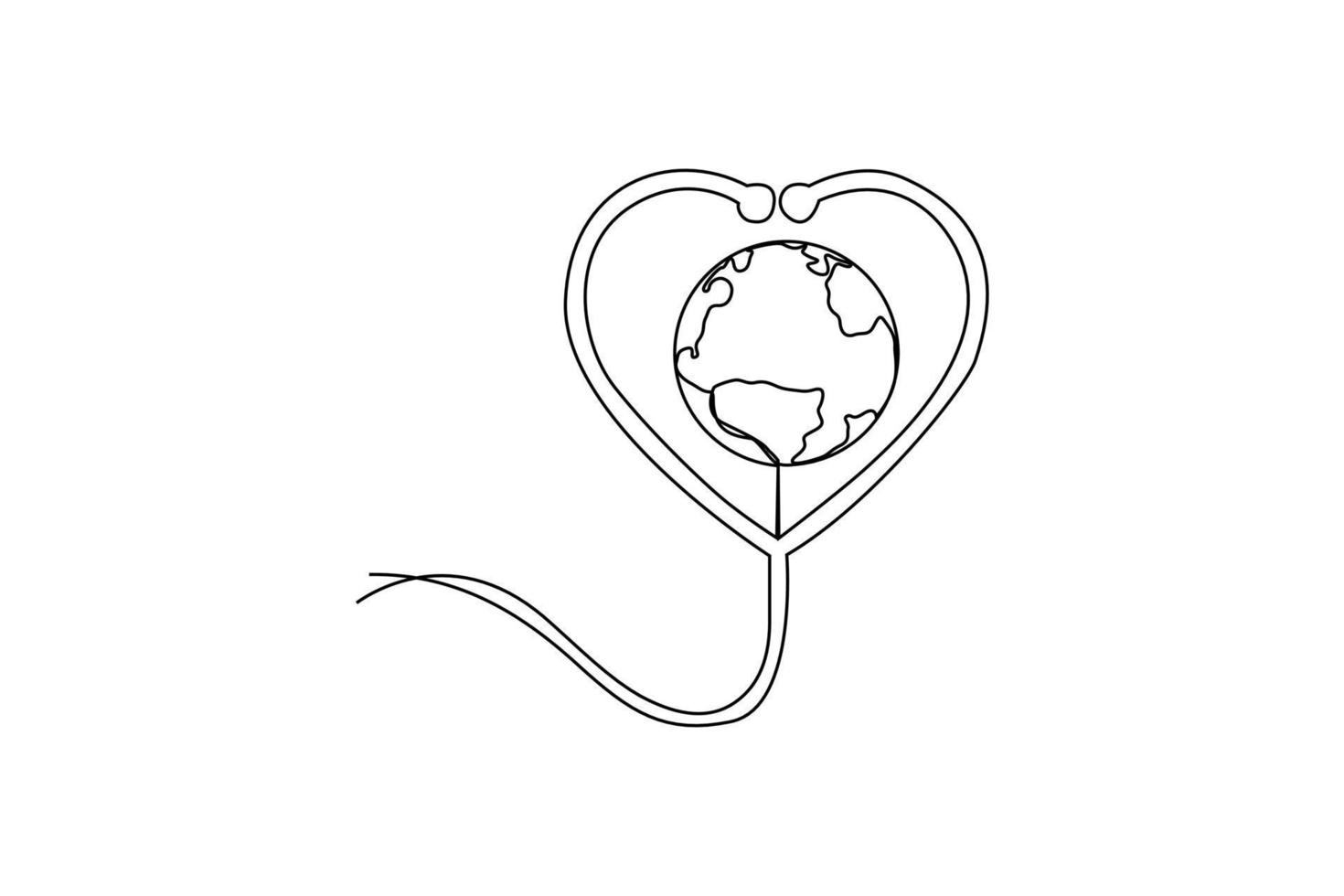 Single one-line drawing world and love stethoscope. World health day concept. Continuous line drawing design graphic vector illustration.