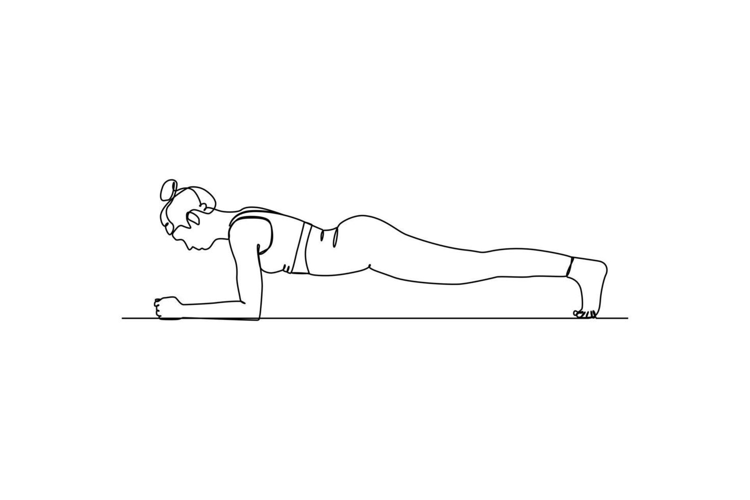Continuous one-line drawing beautiful girl doing plank excercise. Fitness activity concept. Single line drawing design graphic vector illustration