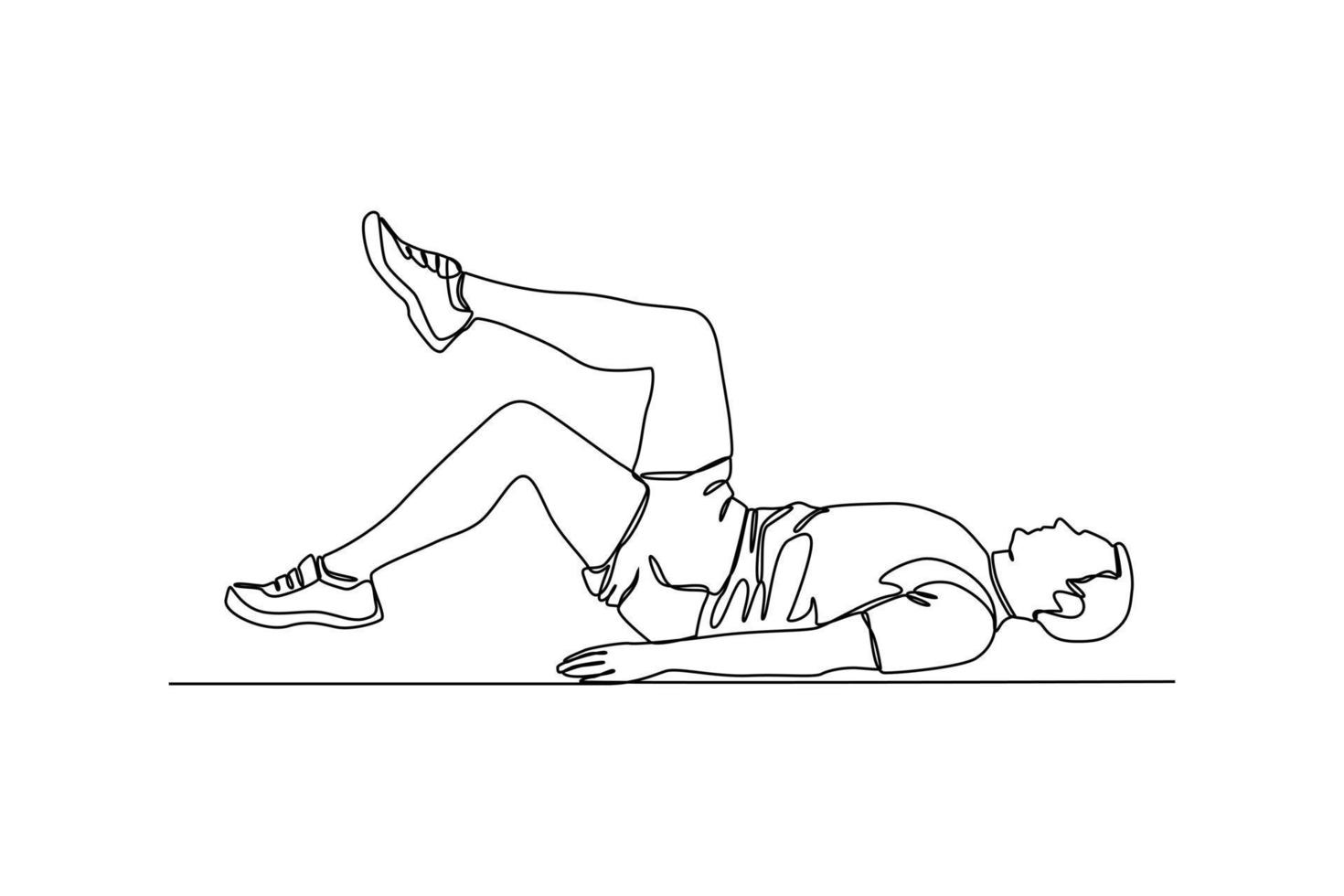 Continuous one-line drawing men doing supine toe tap to build abdominal muscles. Fitness activity concept. Single line drawing design graphic vector illustration