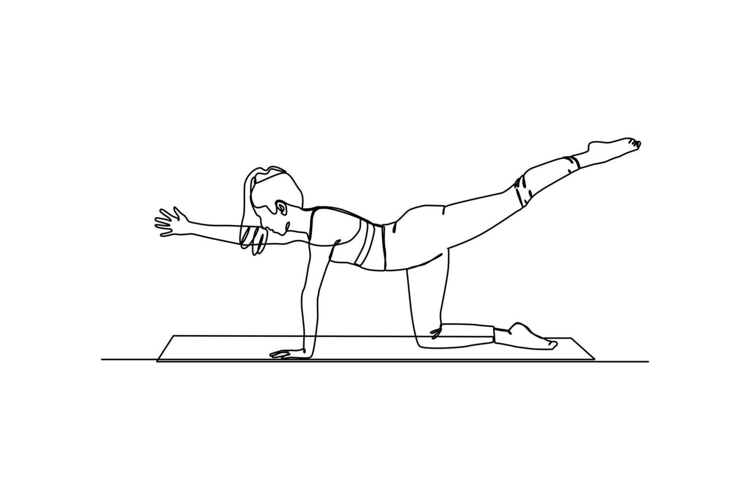 continuo una línea dibujo largo peludo mujer haciendo yoga para barriga. aptitud actividad concepto. soltero línea dibujo diseño gráfico vector ilustración