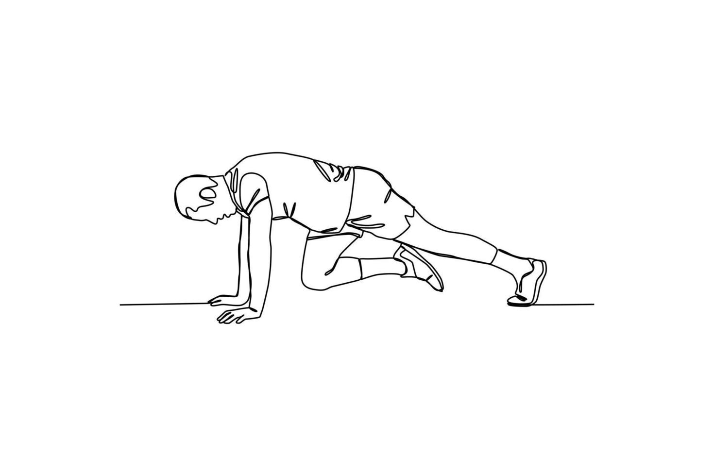 Continuous one-line drawing a man wearing sport shirt doing mountain climber. Fitness activity concept. Single line drawing design graphic vector illustration