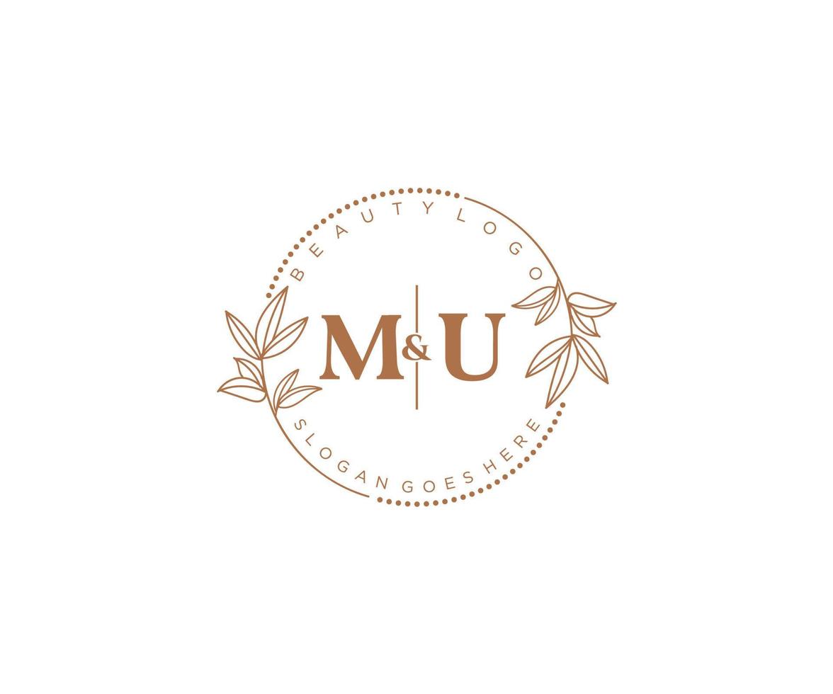 initial MU letters Beautiful floral feminine editable premade monoline logo suitable for spa salon skin hair beauty boutique and cosmetic company. vector
