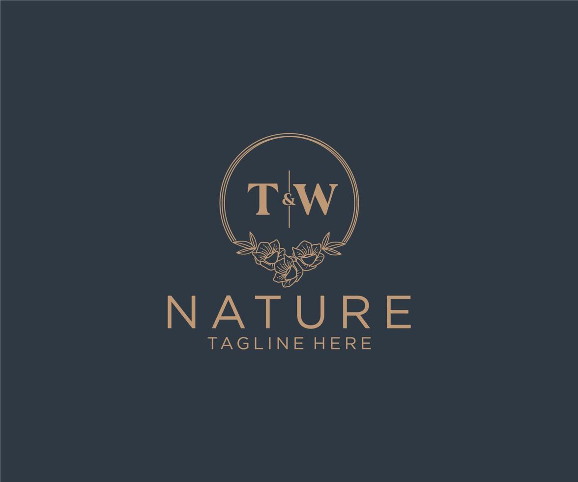 initial TW letters floral frames. Botanical feminine editable premade monoline unique decoration for greeting card, wedding invitation. vector