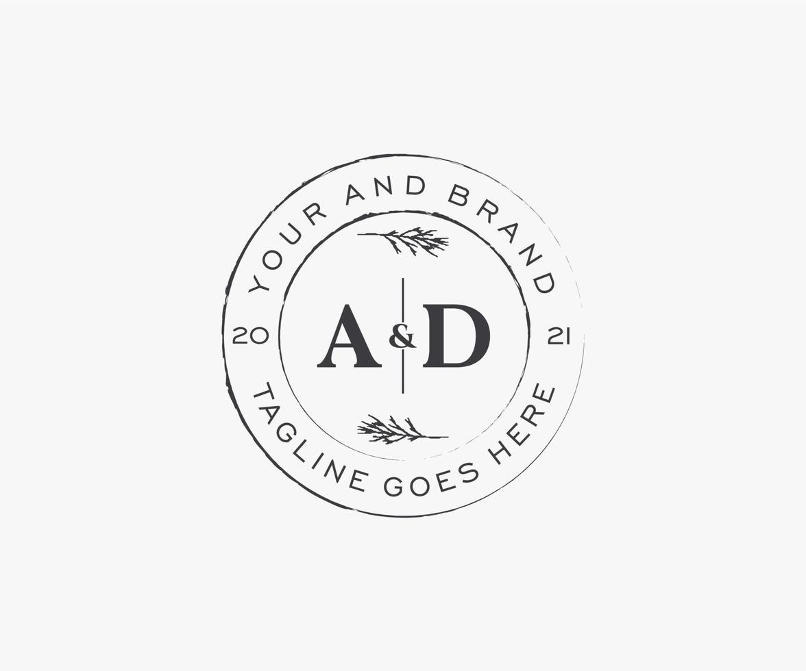 initial AD letters floral frames. Botanical feminine editable premade monoline unique decoration for greeting card, wedding invitation. vector