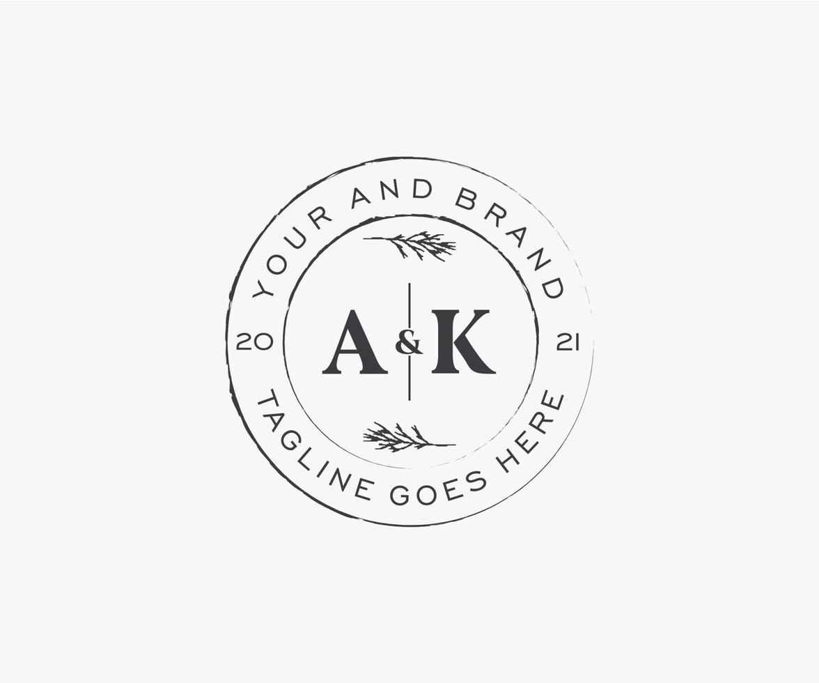 initial AK letters floral frames. Botanical feminine editable premade monoline unique decoration for greeting card, wedding invitation. vector