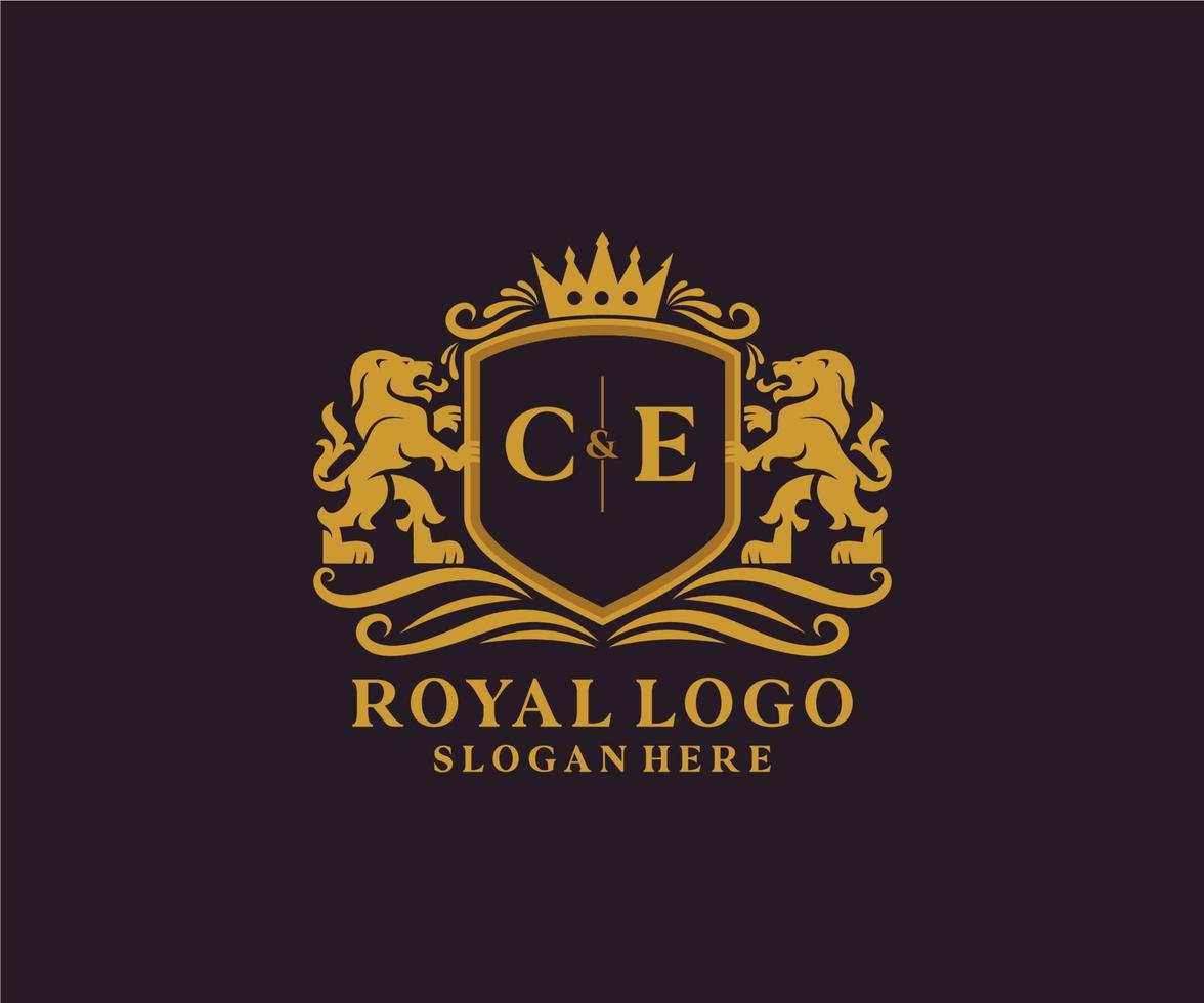 Initial CE Letter Lion Royal Luxury Logo template in vector art for Restaurant, Royalty, Boutique, Cafe, Hotel, Heraldic, Jewelry, Fashion and other vector illustration.